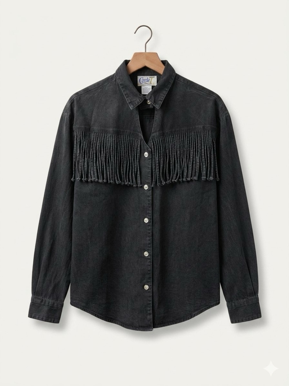 Vintage 90s Circle T Black Denim Fringe Western Shirt Cowgirl Cowboy Core Medium